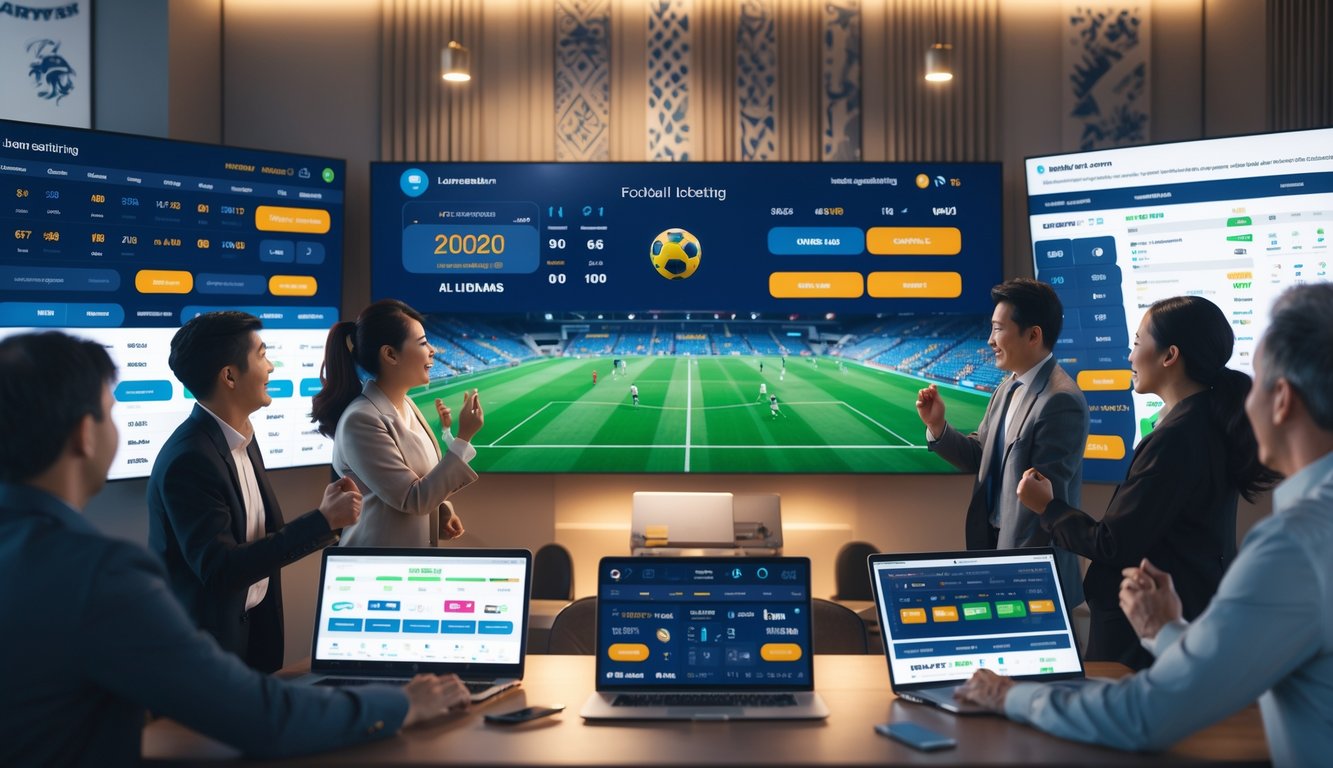 Sekelompok orang dewasa sedang melihat layar besar menampilkan pertandingan sepak bola dan data taruhan di sebuah ruangan modern.