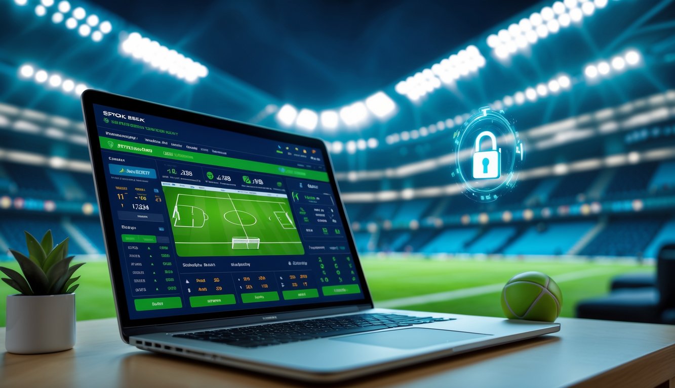 Seorang pengguna sedang melihat layar laptop dengan tampilan antarmuka taruhan sepak bola online, di latar belakang terlihat stadion dengan sorotan lampu dan kerumunan penonton.