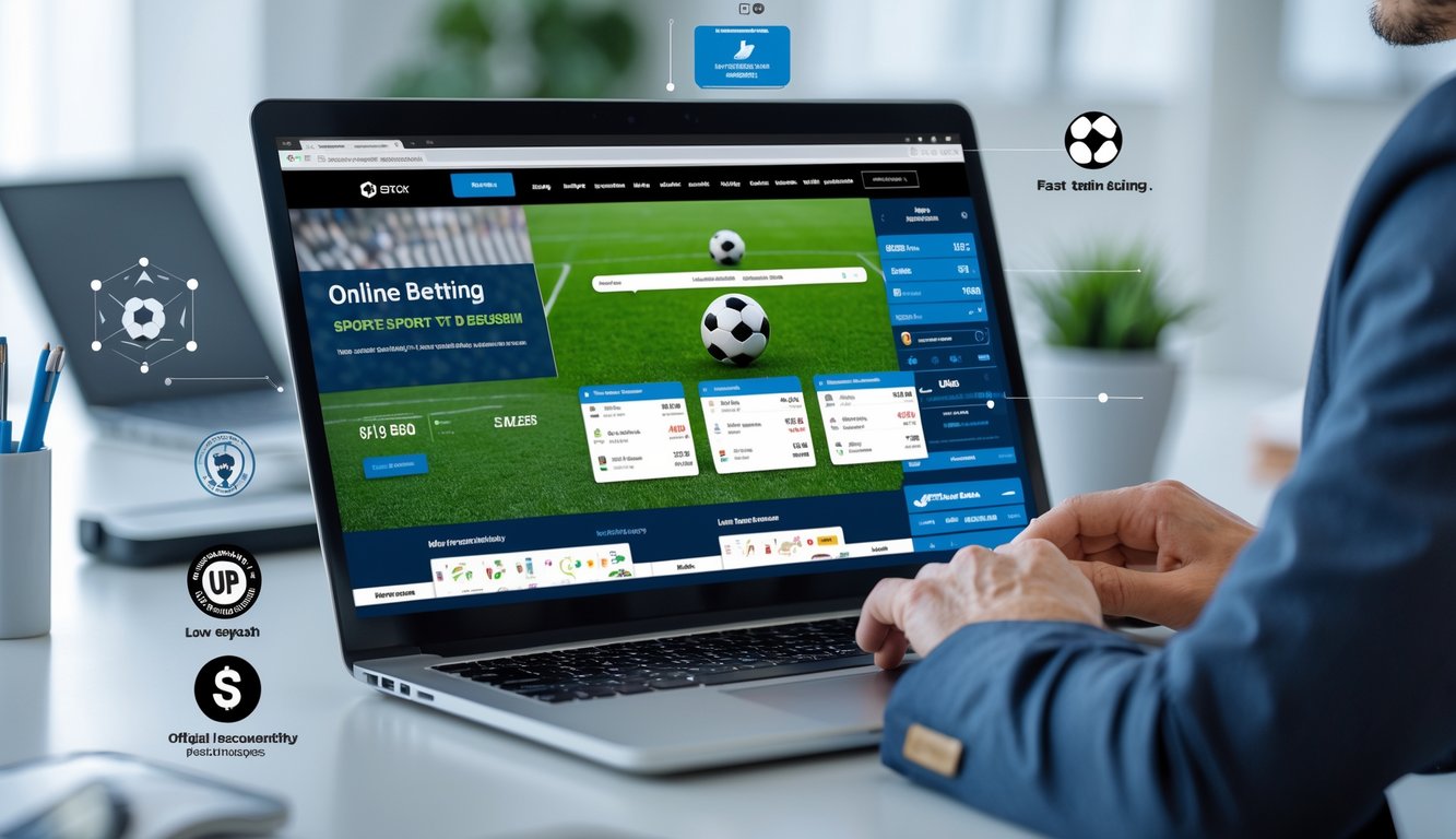 Seseorang menggunakan komputer dengan tampilan situs judi bola online yang menampilkan pertandingan sepak bola dan taruhan, di meja kerja yang rapi.