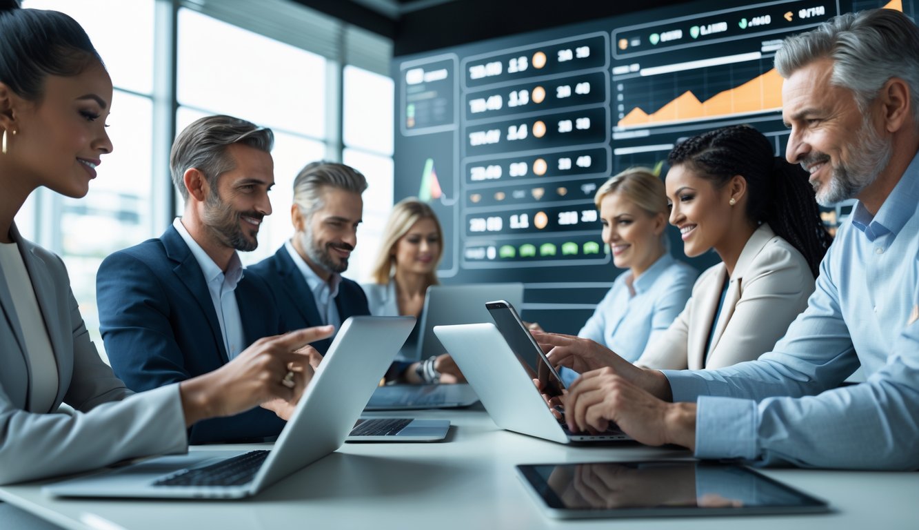 Beberapa orang menggunakan perangkat digital untuk memasang taruhan bola online dengan tampilan data taruhan dan grafik di latar belakang.