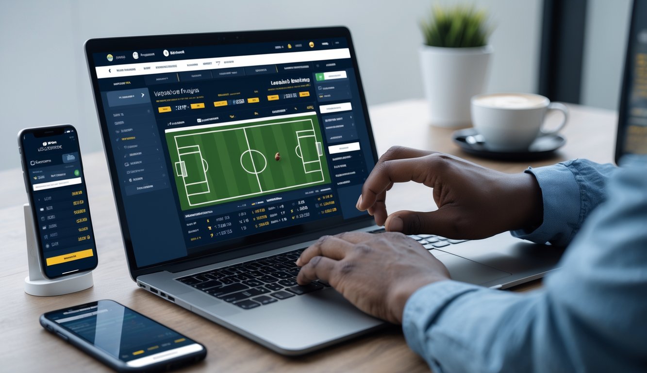 Seseorang menggunakan laptop dan ponsel untuk bertaruh pada pertandingan sepak bola dunia di lingkungan kerja yang modern dan aman.