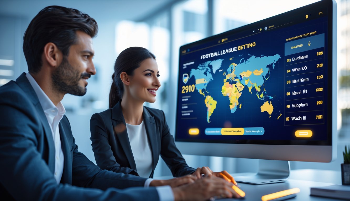 Seorang pria dan wanita bekerja di kantor modern dengan layar digital besar yang menampilkan statistik liga sepak bola dunia dan peluang taruhan secara langsung.