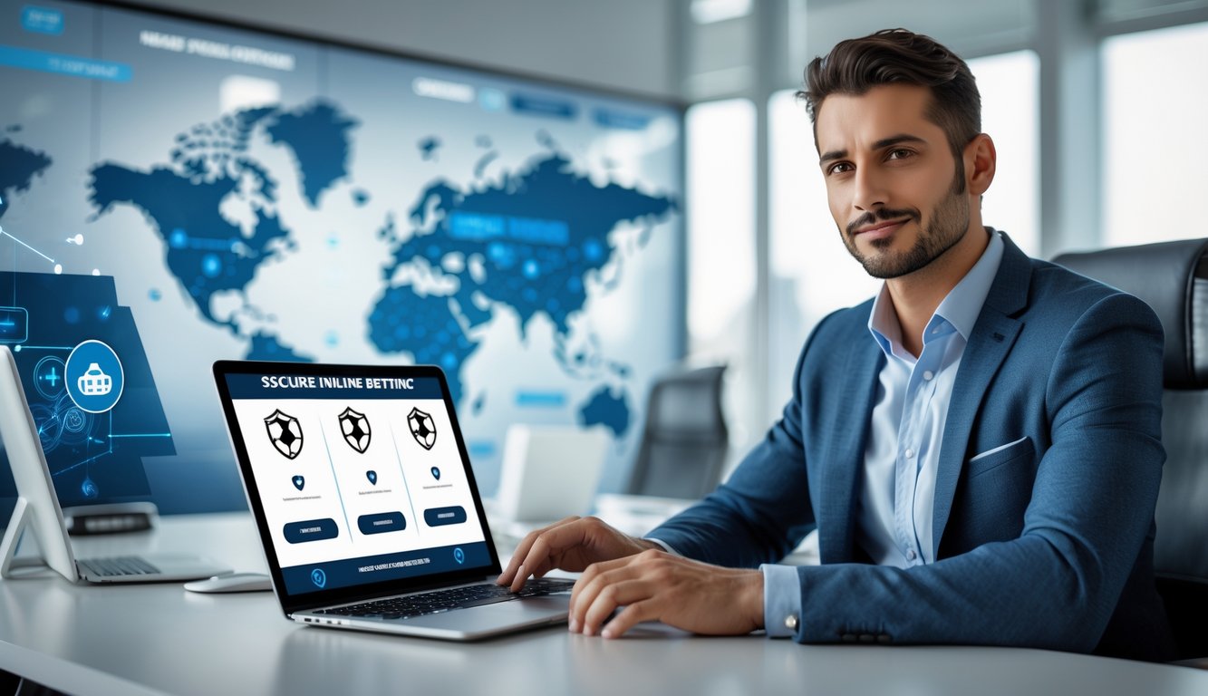 Seorang pria duduk di meja kantor modern menggunakan laptop dengan tampilan antarmuka digital terkait taruhan bola online dan simbol keamanan.
