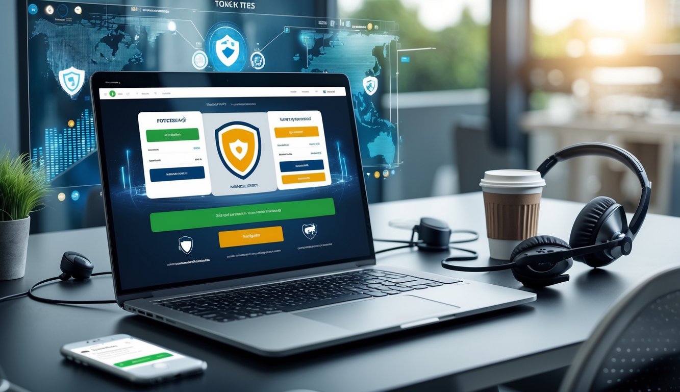 Sebuah meja kerja modern dengan laptop yang menampilkan antarmuka situs judi bola online, dilengkapi ikon keamanan, headset, dan smartphone, menggambarkan layanan dan sistem keamanan terbaik.