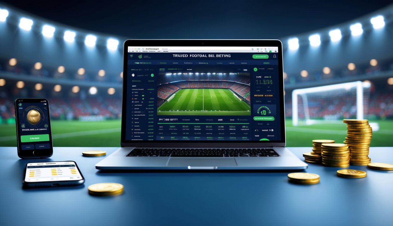 Seorang pria menggunakan laptop dan ponsel untuk memasang taruhan sepak bola secara online dengan latar belakang stadion olahraga yang ramai.