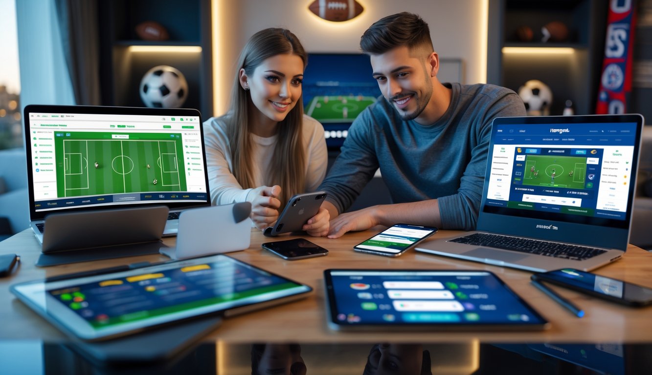 Dua orang muda menggunakan perangkat digital untuk memasang taruhan bola secara online di ruangan modern dengan dekorasi sepak bola.