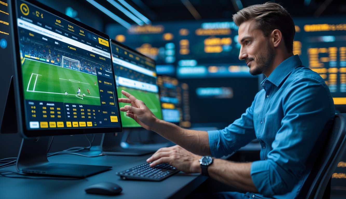 Seseorang menggunakan komputer dengan tampilan statistik pertandingan sepak bola dan antarmuka taruhan online yang stabil dan cepat.