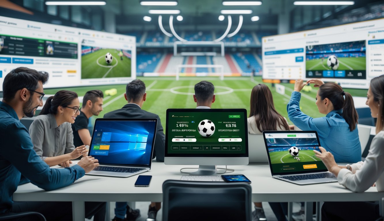 Beberapa orang menggunakan perangkat digital untuk memasang taruhan bola online dengan latar ruang kerja modern dan layar menampilkan pertandingan sepak bola.