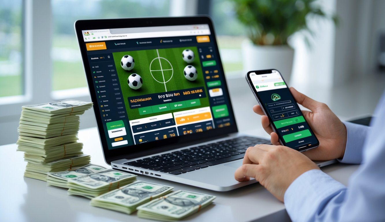 Seseorang menggunakan laptop dan ponsel untuk memasang taruhan bola online dengan uang tunai di meja.