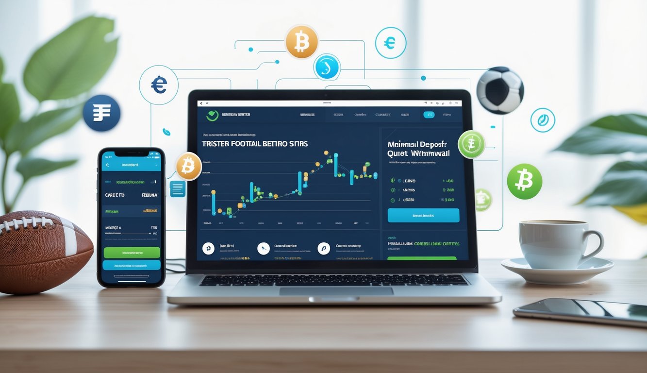 Meja kerja dengan laptop yang menampilkan situs judi bola online, bola sepak, dan ponsel dengan aplikasi taruhan, menggambarkan aktivitas taruhan bola online yang terpercaya.