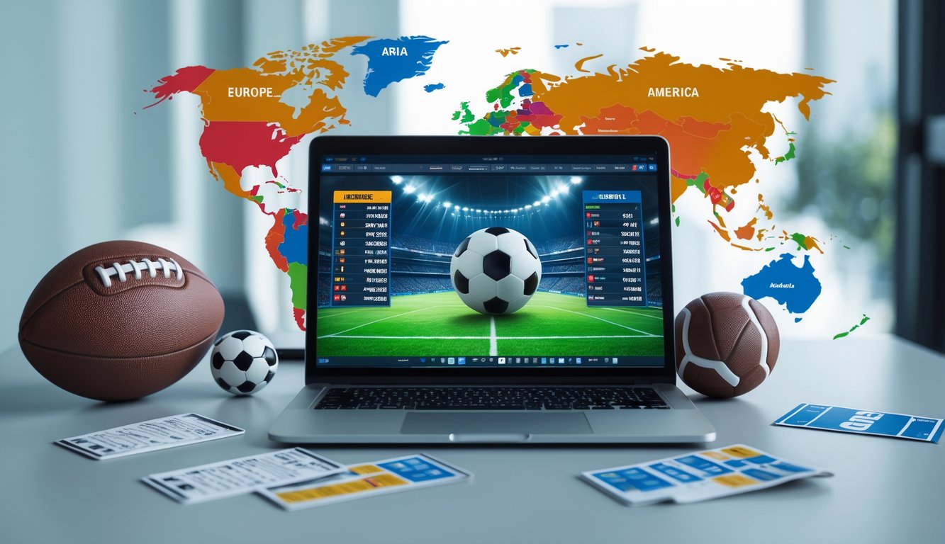 Seorang pria menggunakan laptop di meja kerja dengan gambar pertandingan sepak bola dan peta dunia yang menyoroti liga Eropa, Asia, dan Amerika di latar belakang.