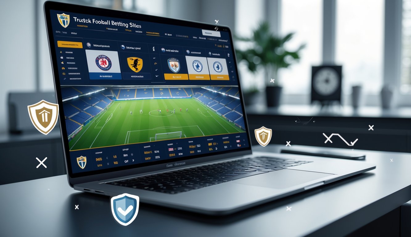 Seorang pengguna di depan komputer dengan layar menampilkan pertandingan sepak bola dari liga Eropa, Asia, dan Amerika, dikelilingi simbol keamanan dan kepercayaan.