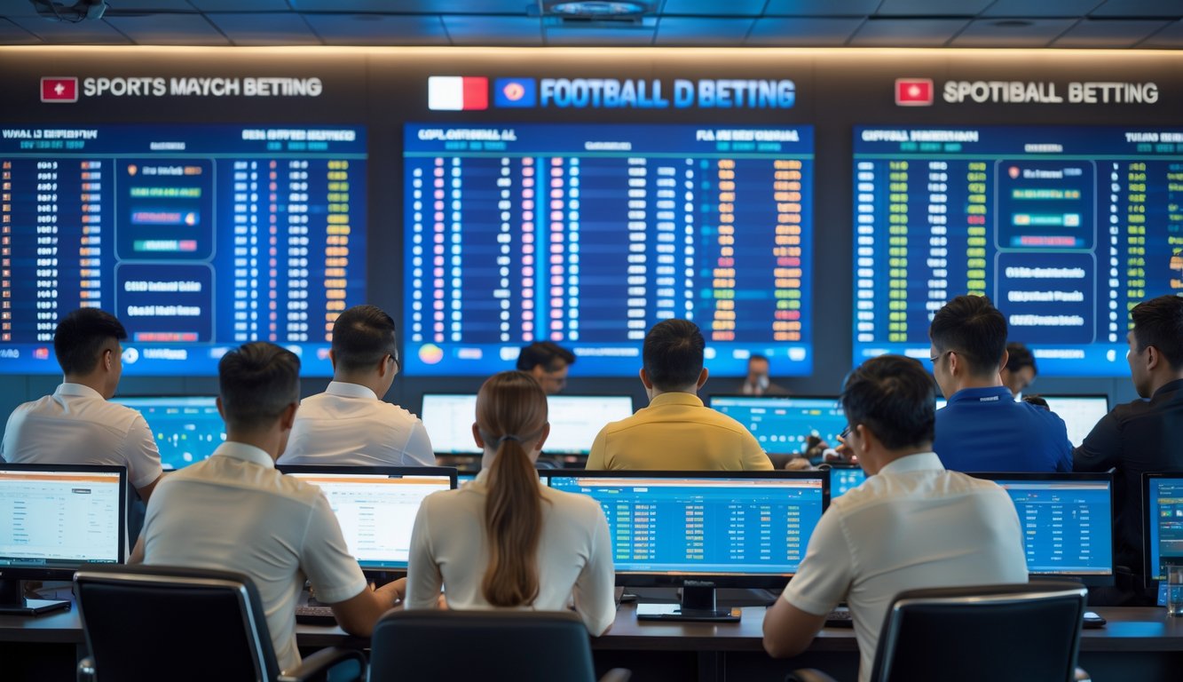 Orang-orang fokus melihat layar besar yang menampilkan statistik dan peluang taruhan sepak bola di sebuah ruangan modern.