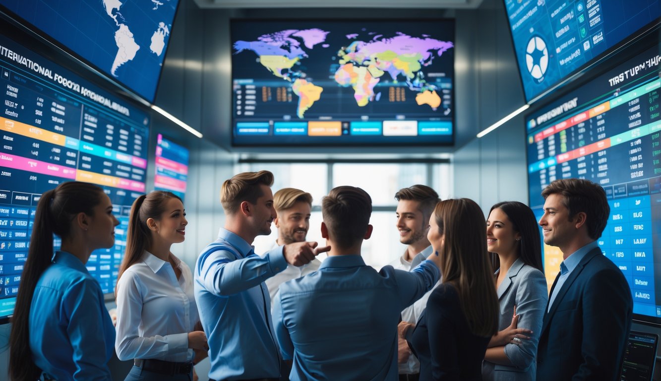 Sekelompok orang muda yang percaya diri sedang melihat layar besar yang menampilkan pertandingan sepak bola dan peluang taruhan di sebuah kantor modern.