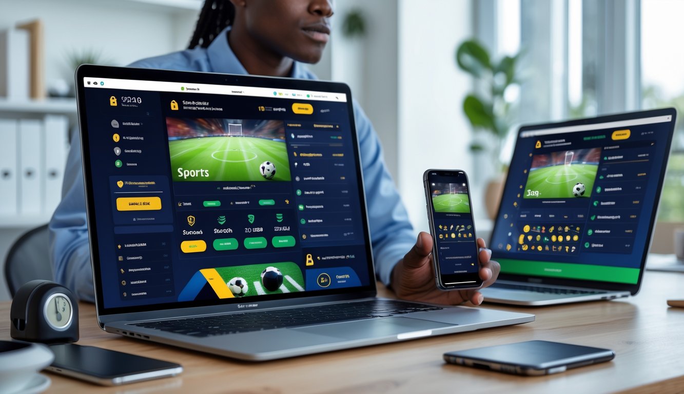 Seseorang menggunakan laptop dan ponsel di ruang kerja modern dengan tampilan taruhan olahraga dan simbol keamanan serta pembayaran cepat.