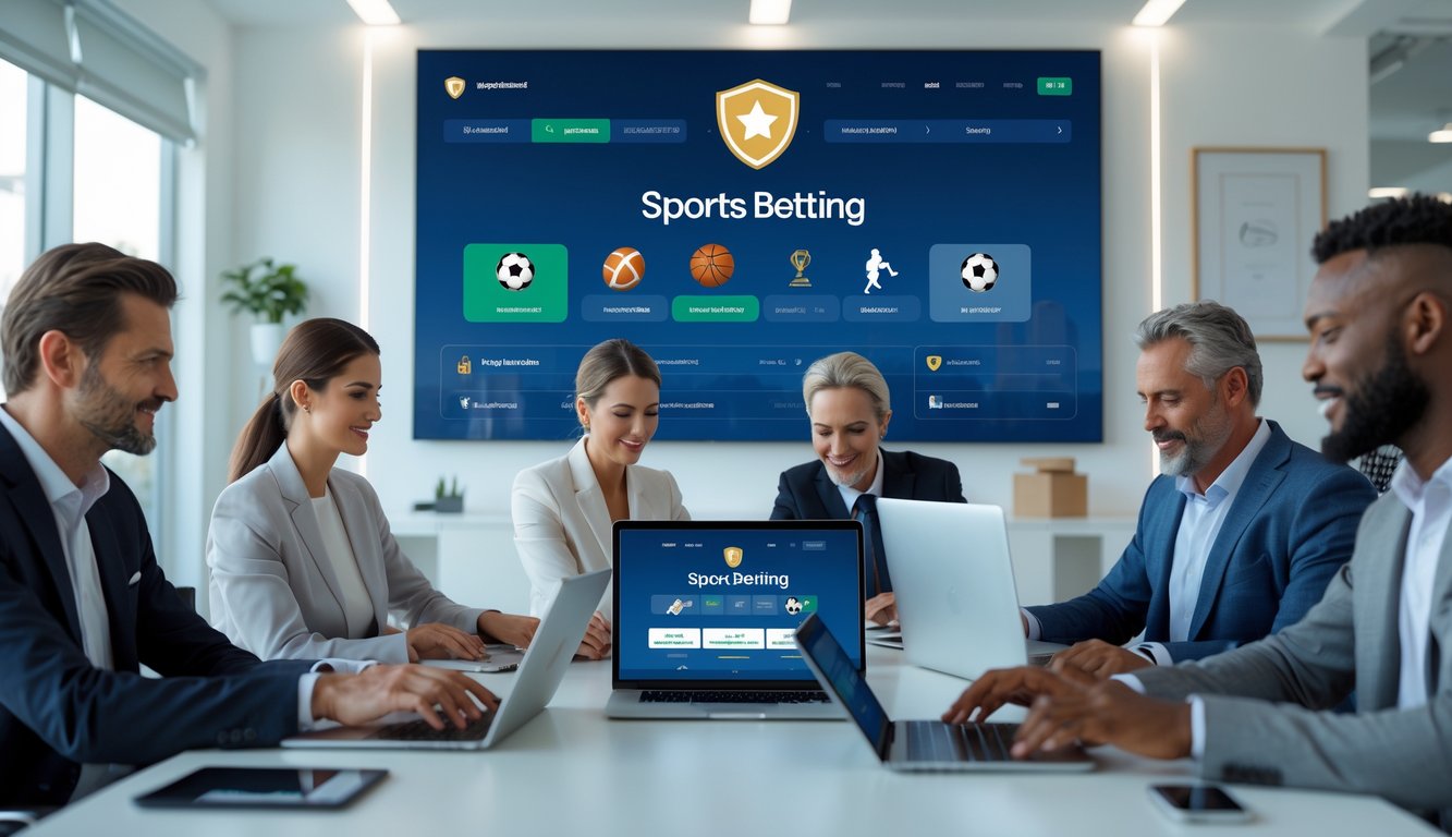 Beberapa orang menggunakan perangkat digital untuk taruhan olahraga resmi dengan latar belakang simbol keamanan dan lingkungan kantor yang terang dan rapi.