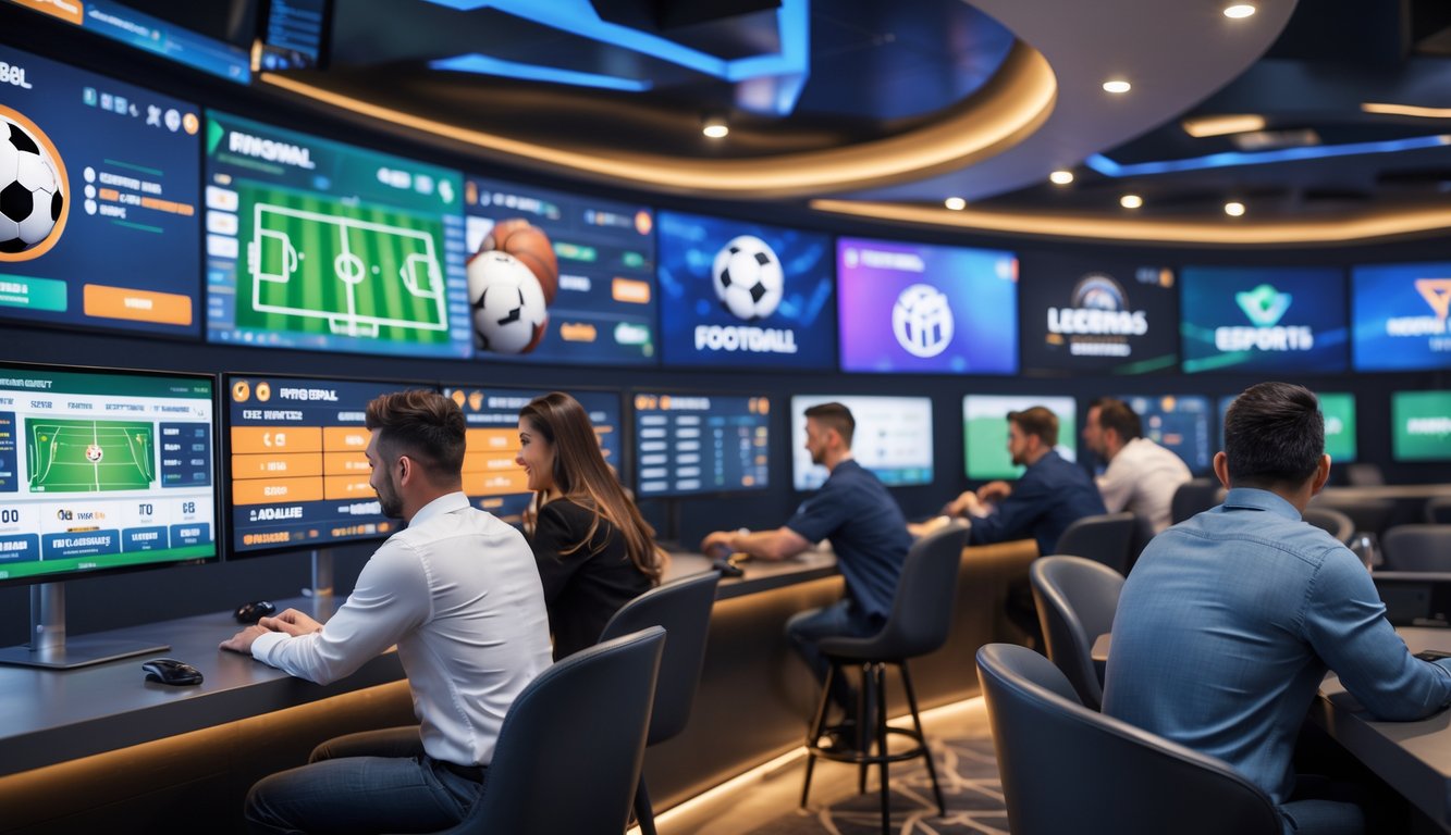 Orang-orang sedang memasang taruhan pada pertandingan sepak bola, basket, dan esports di sebuah ruang taruhan modern.