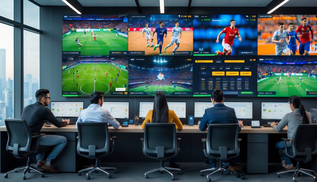 Orang-orang sedang menggunakan komputer dan ponsel untuk bertaruh pada pertandingan sepak bola, basket, dan esports di sebuah ruang kerja modern.