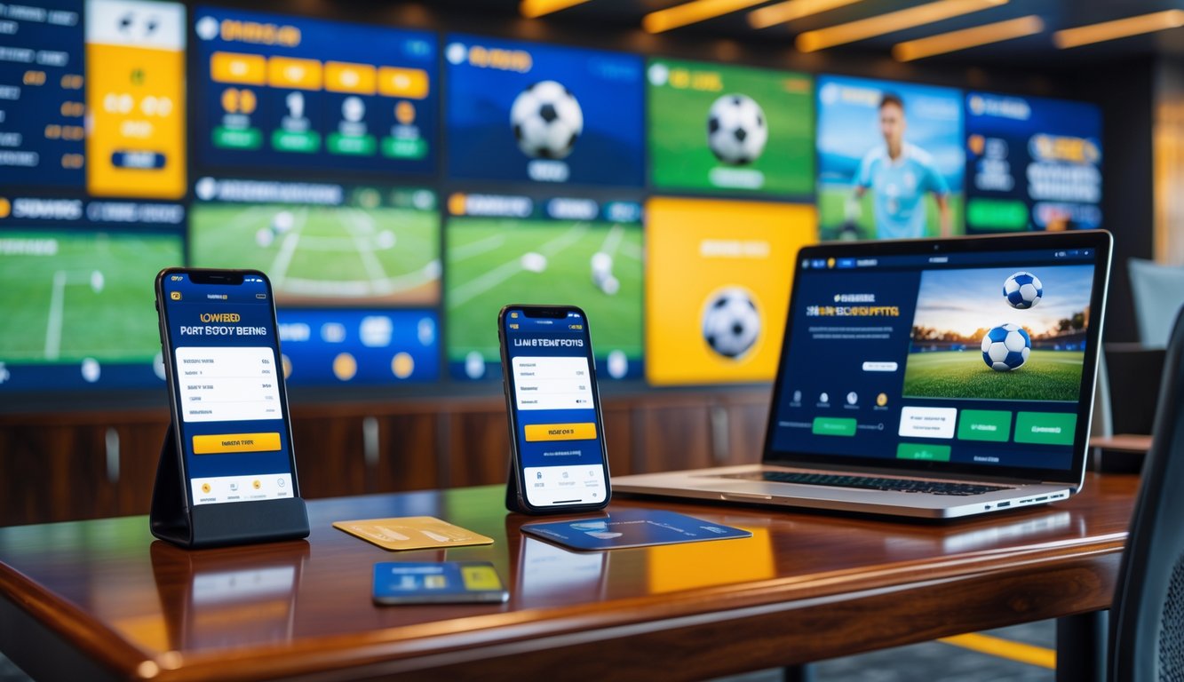 Suasana ruang modern dengan layar digital menampilkan berbagai olahraga dan perangkat elektronik di meja yang menunjukkan kemudahan proses deposit.