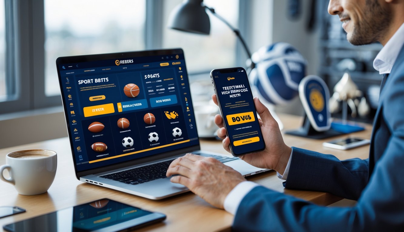 Seorang pria menggunakan laptop dan ponsel di meja kerja yang rapi dengan ikon olahraga di layar, menggambarkan situs taruhan olahraga resmi dengan bonus dan proses deposit mudah.