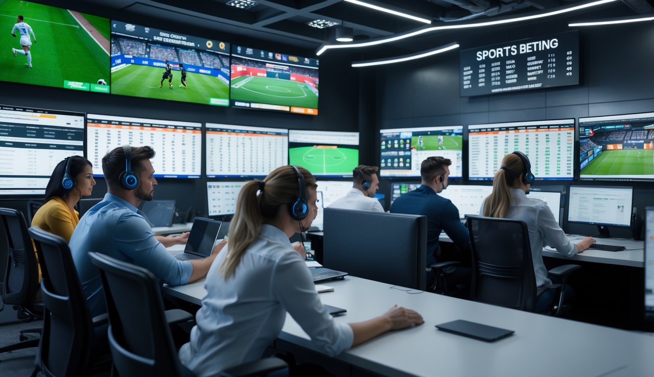 Orang-orang sedang bekerja di kantor modern dengan beberapa monitor yang menampilkan data pertandingan olahraga secara langsung.