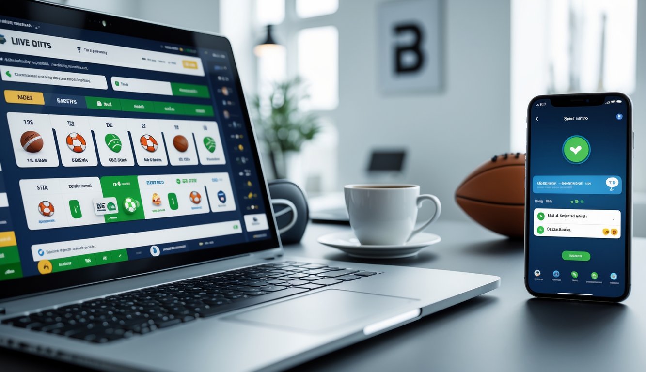 Sebuah meja kerja modern dengan laptop yang menampilkan antarmuka taruhan olahraga dan ponsel yang menunjukkan layanan pelanggan 24 jam, dilengkapi dengan dekorasi olahraga di latar belakang.
