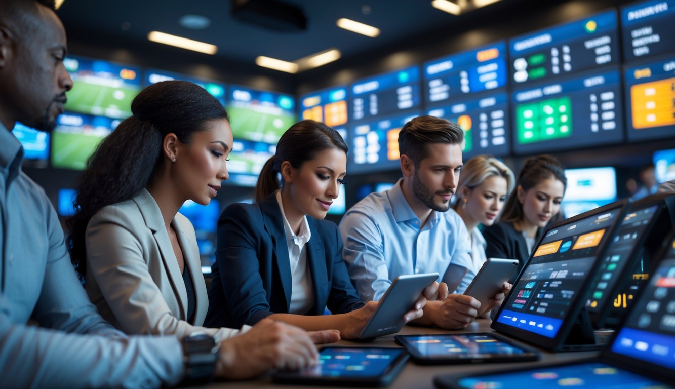 Orang-orang sedang menggunakan layar digital untuk memasang taruhan olahraga dalam suasana modern dan profesional.