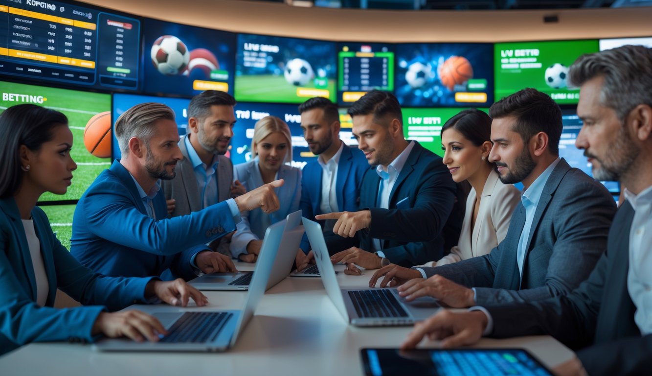 Beberapa orang sedang melihat layar digital besar yang menampilkan berbagai pertandingan olahraga dan peluang taruhan dalam ruangan modern.