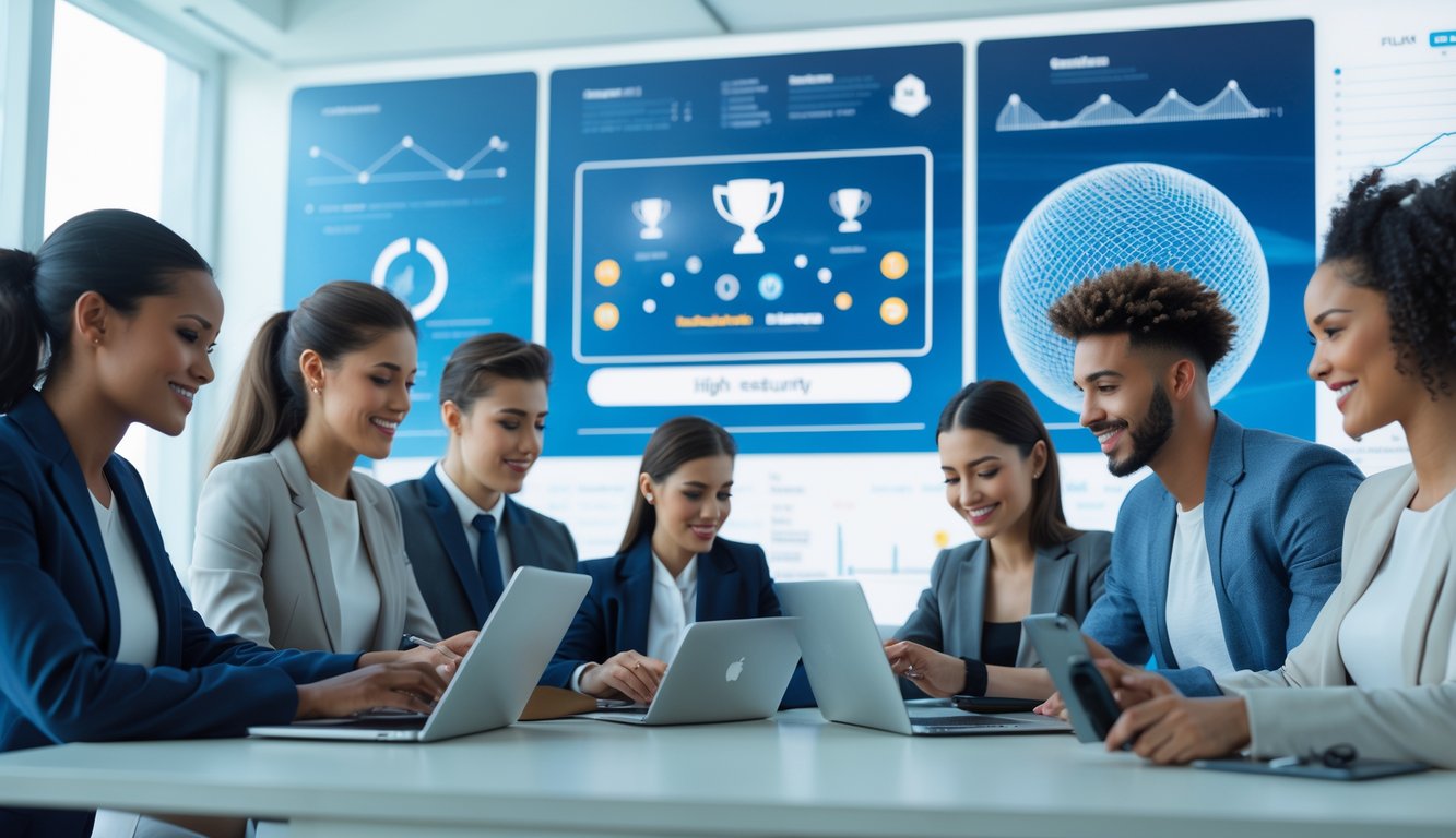 Sekelompok orang muda menggunakan perangkat digital di kantor modern yang terang, dengan latar belakang grafik dan ikon olahraga yang menunjukkan aktivitas taruhan olahraga online yang aman dan cepat.