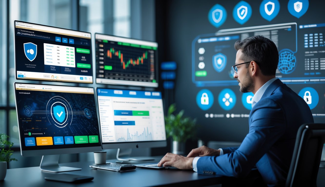 Seorang profesional sedang menganalisis data taruhan olahraga di layar komputer dengan simbol keamanan dan transaksi cepat di latar belakang.