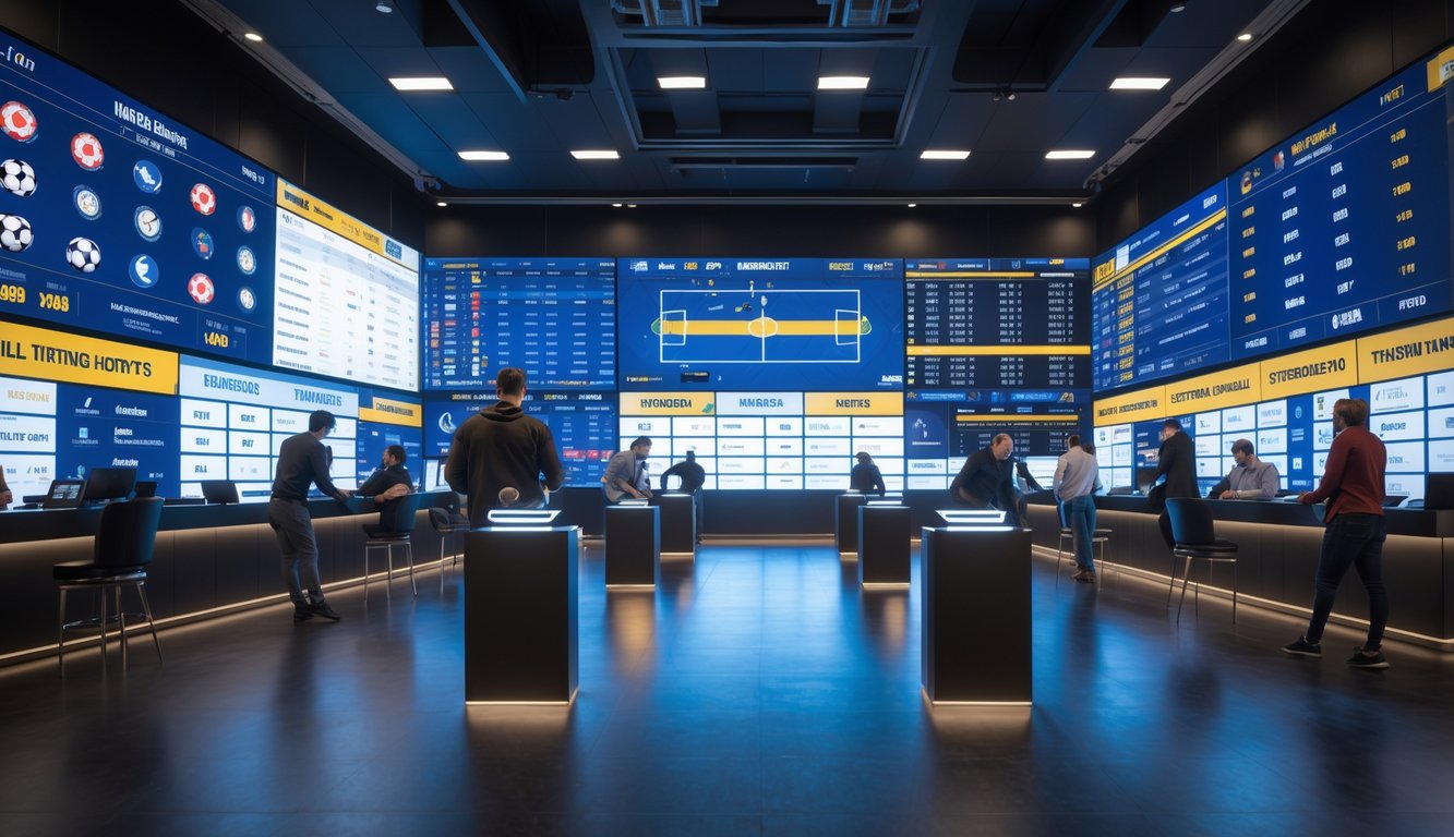 Orang-orang menggunakan perangkat elektronik untuk taruhan olahraga dengan layar besar menampilkan berbagai liga dunia dan informasi pertandingan secara langsung.