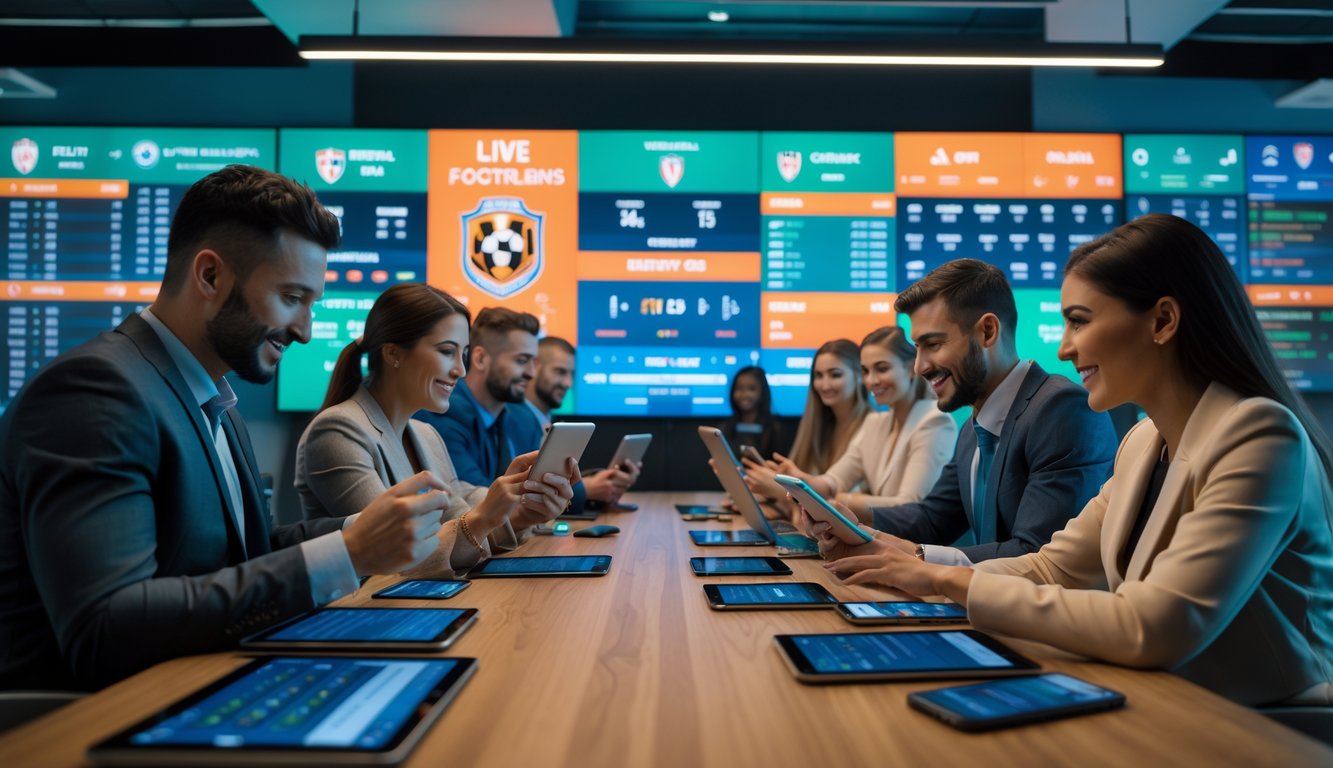 Beberapa orang menggunakan perangkat digital untuk bertaruh pada pertandingan sepak bola internasional secara langsung di ruangan modern.