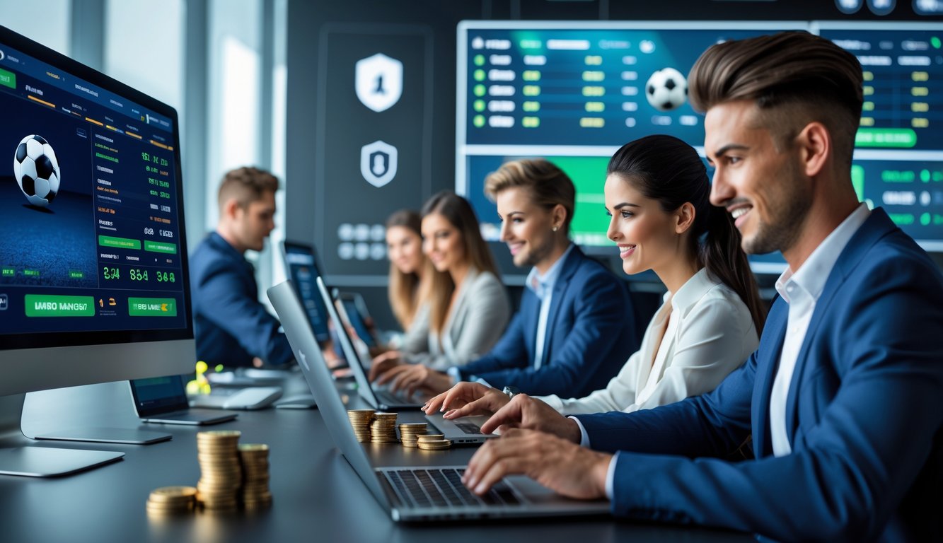 Beberapa orang muda sedang menggunakan laptop dan ponsel untuk taruhan bola online di ruang kerja modern dengan layar komputer yang menampilkan statistik pertandingan sepak bola.