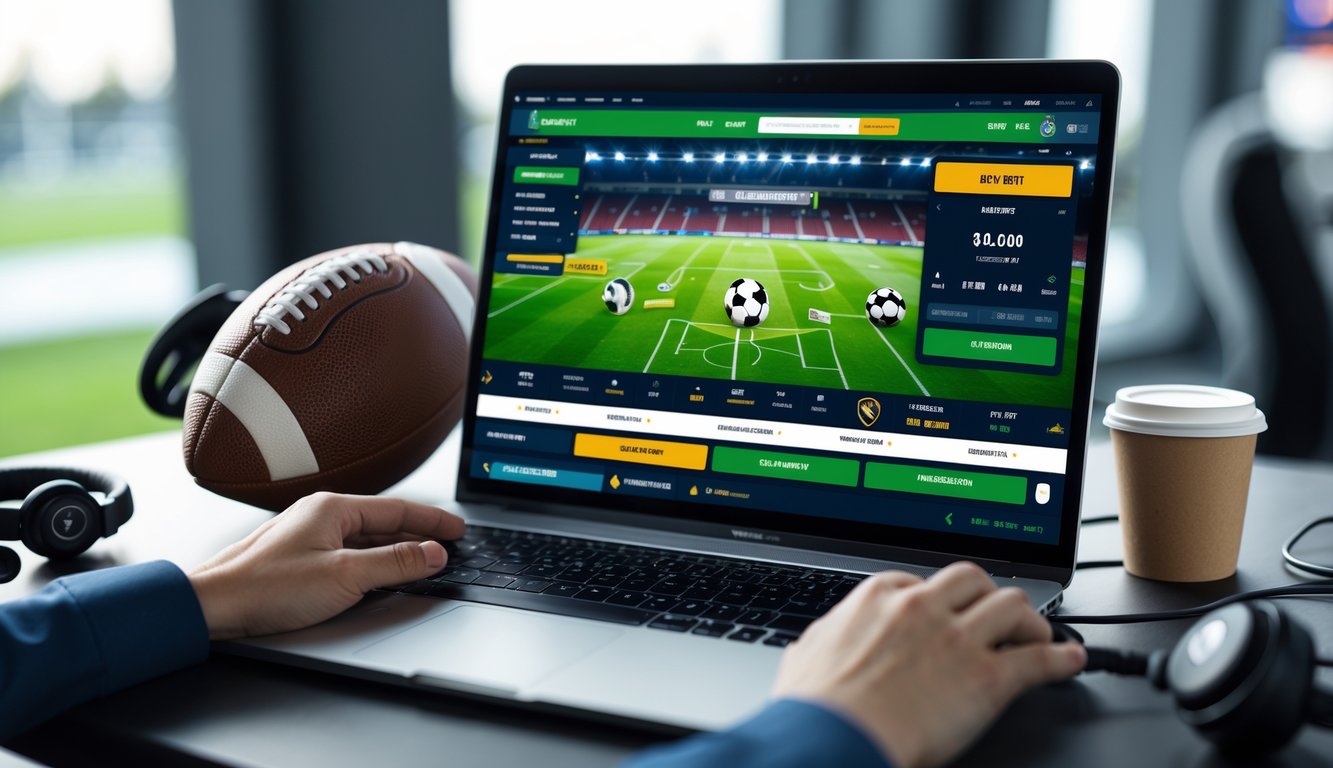 Sebuah meja kerja modern dengan komputer menampilkan situs taruhan olahraga online, dikelilingi bola sepak dan perlengkapan pendukung lainnya.
