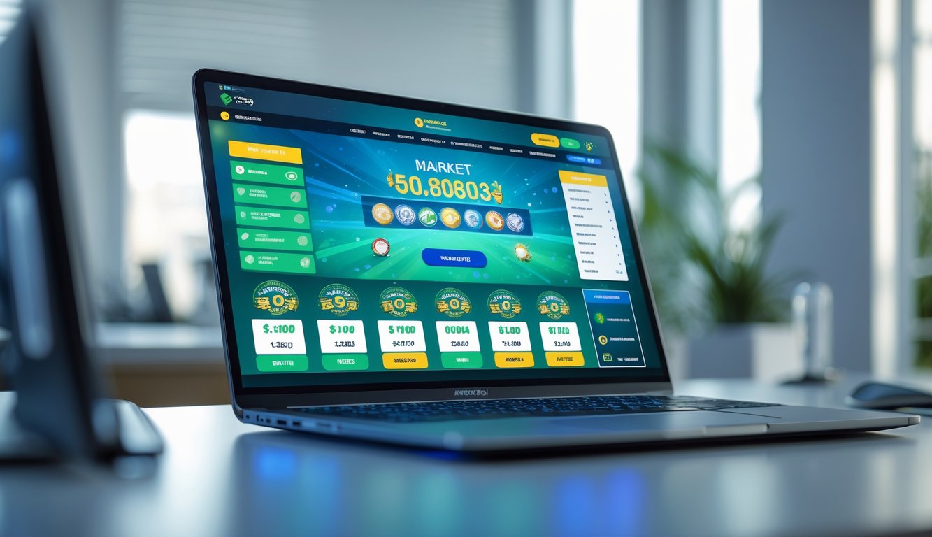 Seorang pengguna sedang melihat layar komputer dengan situs judi online yang menampilkan berbagai pilihan pasaran dan bonus, di ruang kerja yang rapi dan terang.