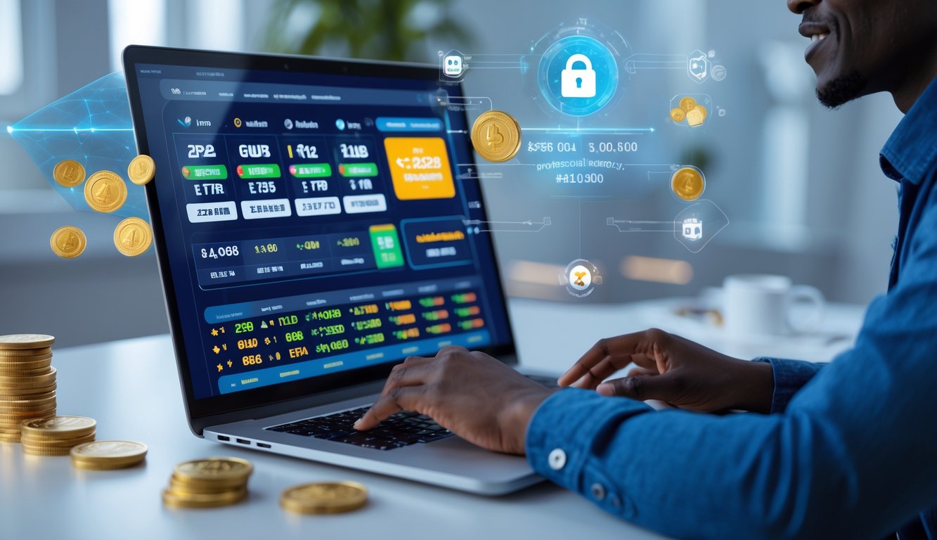 Seseorang sedang menggunakan komputer dengan tampilan situs judi online yang menampilkan berbagai pasaran dan grafik bonus di lingkungan kerja yang modern dan bersih.