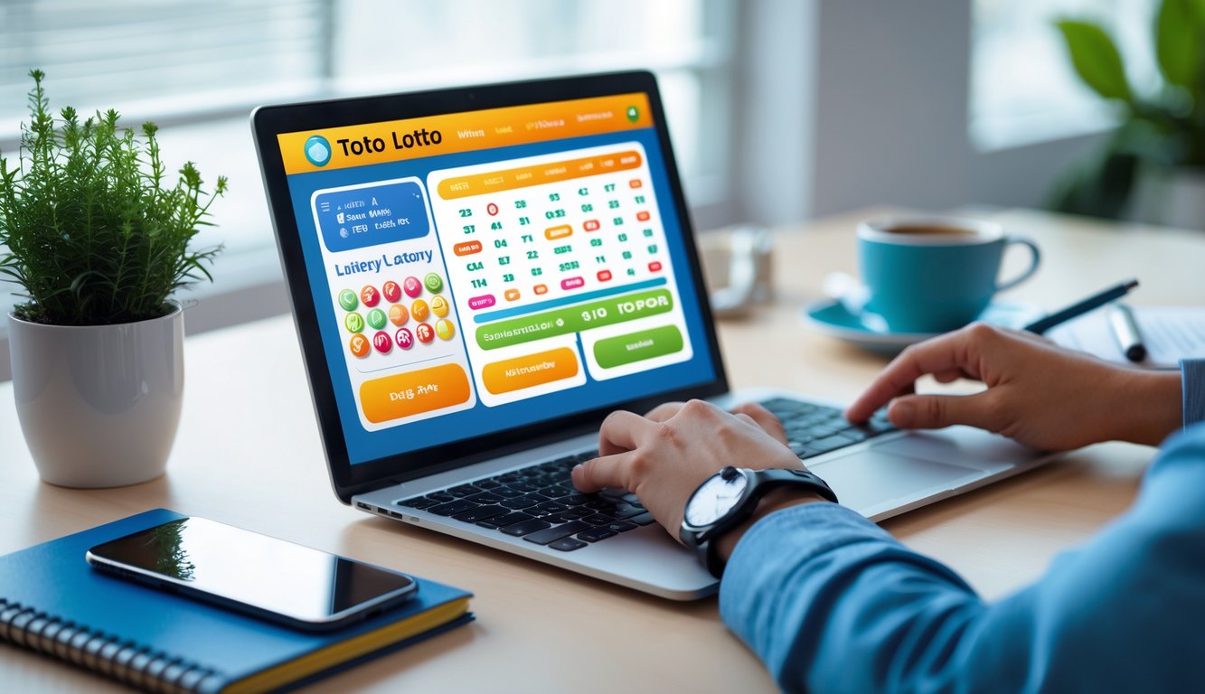 Orang sedang menggunakan laptop di meja kerja dengan layar menampilkan situs togel online, dikelilingi oleh kopi, ponsel, dan buku catatan.