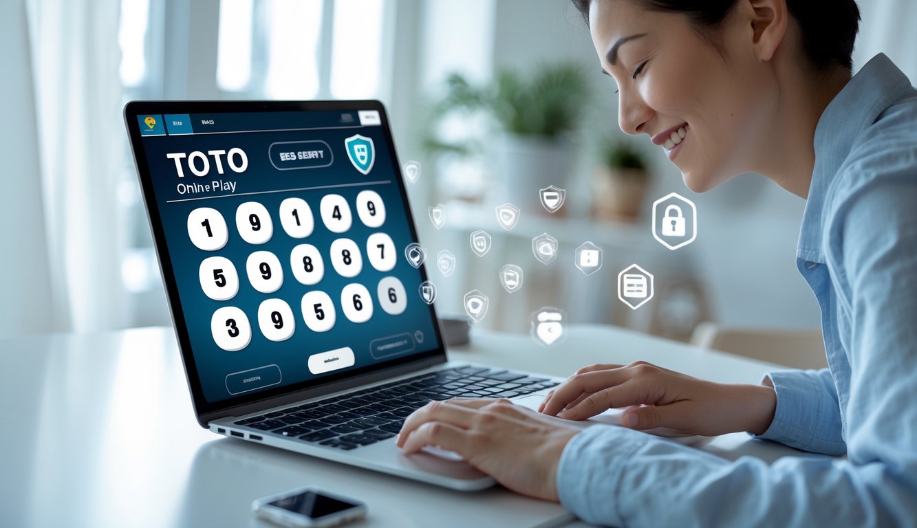 Seseorang menggunakan laptop di meja dengan tampilan permainan Toto online dan ikon keamanan digital di latar belakang.