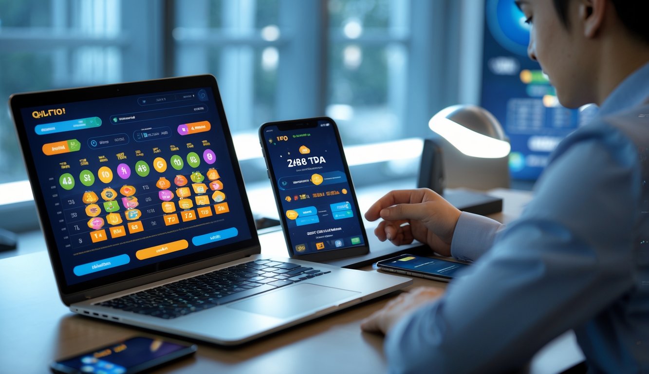 Seorang individu menggunakan laptop dan ponsel di meja kerja yang modern dengan tampilan aplikasi judi toto online.