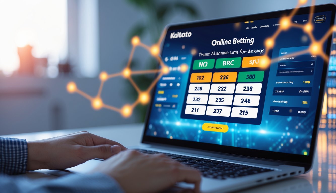 Seseorang menggunakan laptop atau ponsel di ruang kerja yang terang dengan tampilan situs judi online di layar.