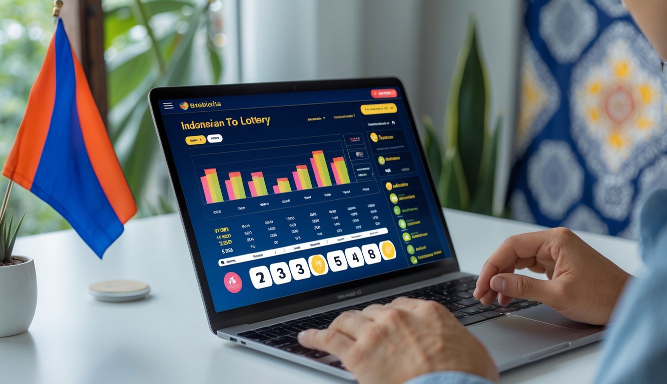 Seseorang menggunakan laptop atau ponsel untuk bermain judi Toto online di ruang kerja yang rapi dengan elemen budaya Indonesia di latar belakang.