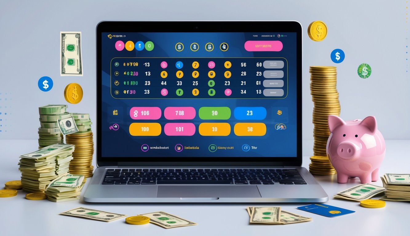 Seorang pengguna sedang mengakses situs judi toto online di komputer dengan tampilan antarmuka taruhan dan simbol pembayaran di sekitarnya.