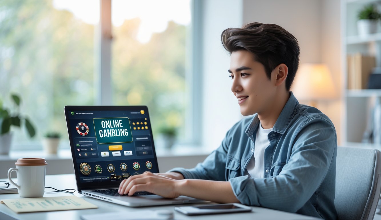 Seorang dewasa muda duduk di meja dengan laptop, terlihat fokus belajar bermain judi online, dengan catatan dan kopi di meja.