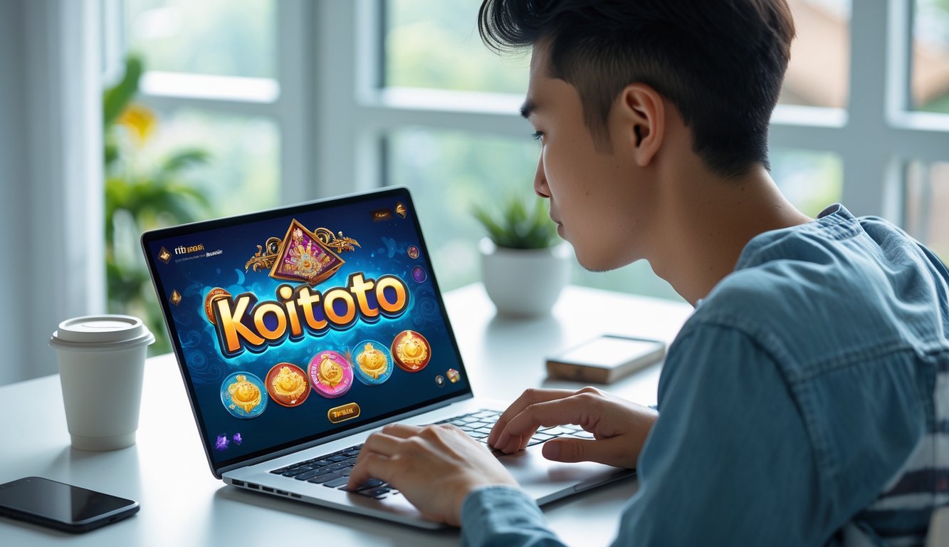 Seorang dewasa muda sedang fokus bermain permainan judi Koitoto online di sebuah laptop di meja kerja yang rapi di rumah.