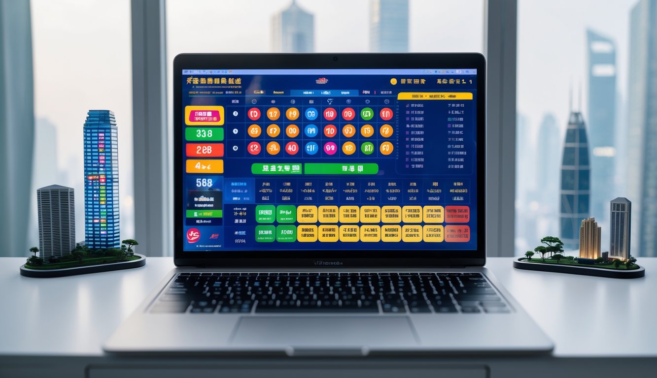 Sebuah meja kerja modern dengan komputer yang menampilkan antarmuka permainan judi online dan miniatur landmark dari Macau, Singapura, dan Hongkong di sekitarnya.