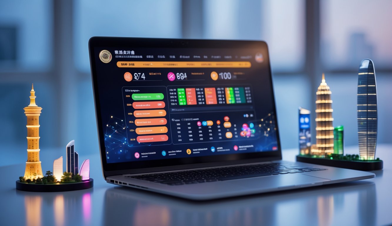 Sebuah ruang kerja modern dengan komputer yang menampilkan antarmuka taruhan online dan miniatur landmark dari Macau, Singapura, dan Hongkong.