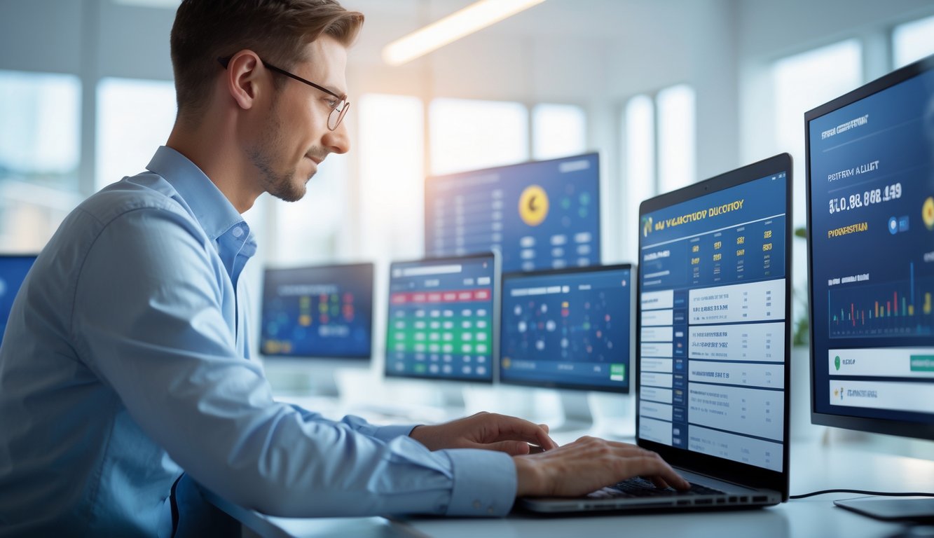 Seseorang menggunakan laptop di kantor modern dengan layar digital menampilkan grafik dan angka togel.