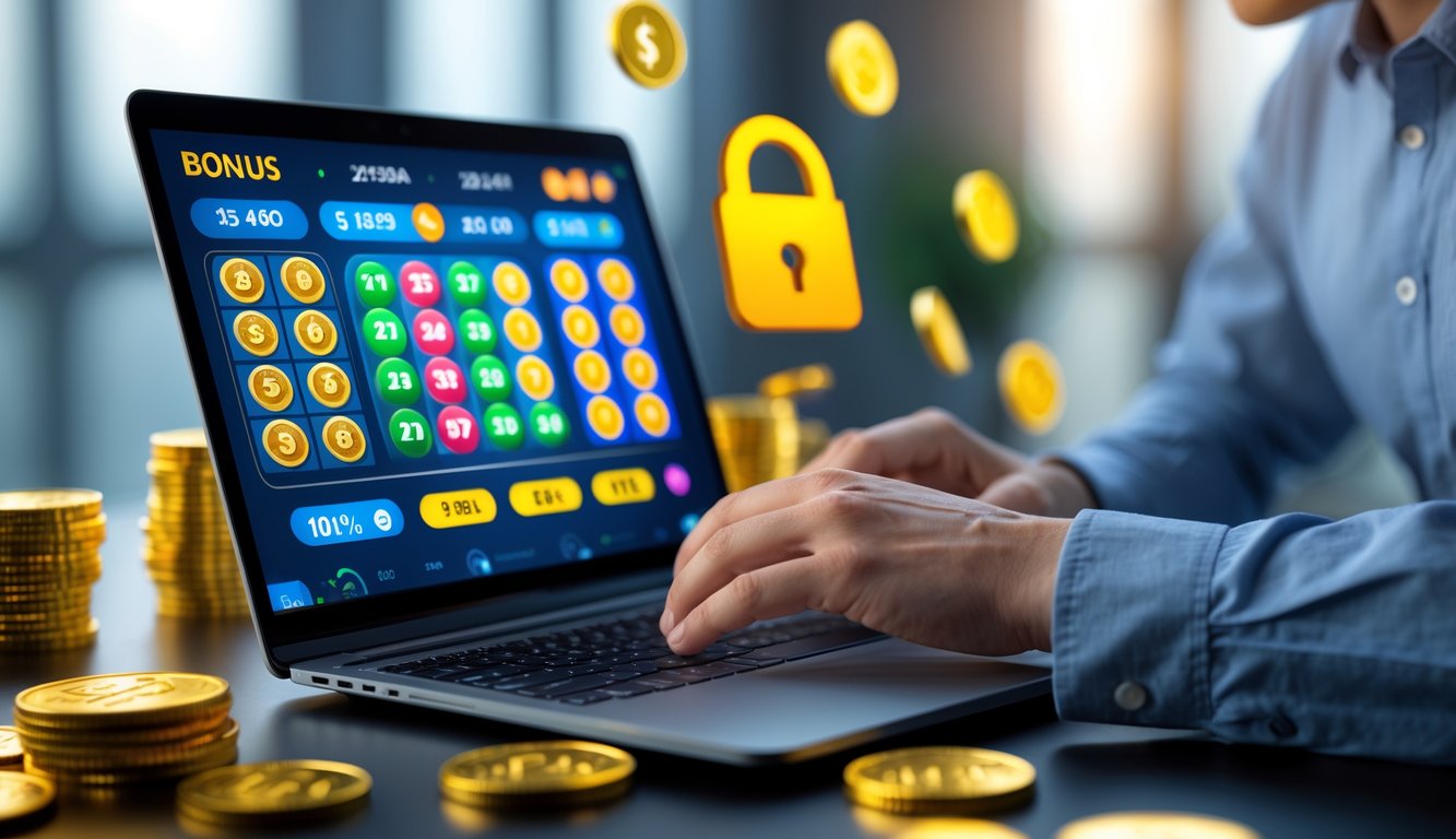 Seorang profesional menggunakan laptop di meja kerja modern dengan tampilan situs judi online yang aman dan elemen simbol bonus dan diskon di sekitar.