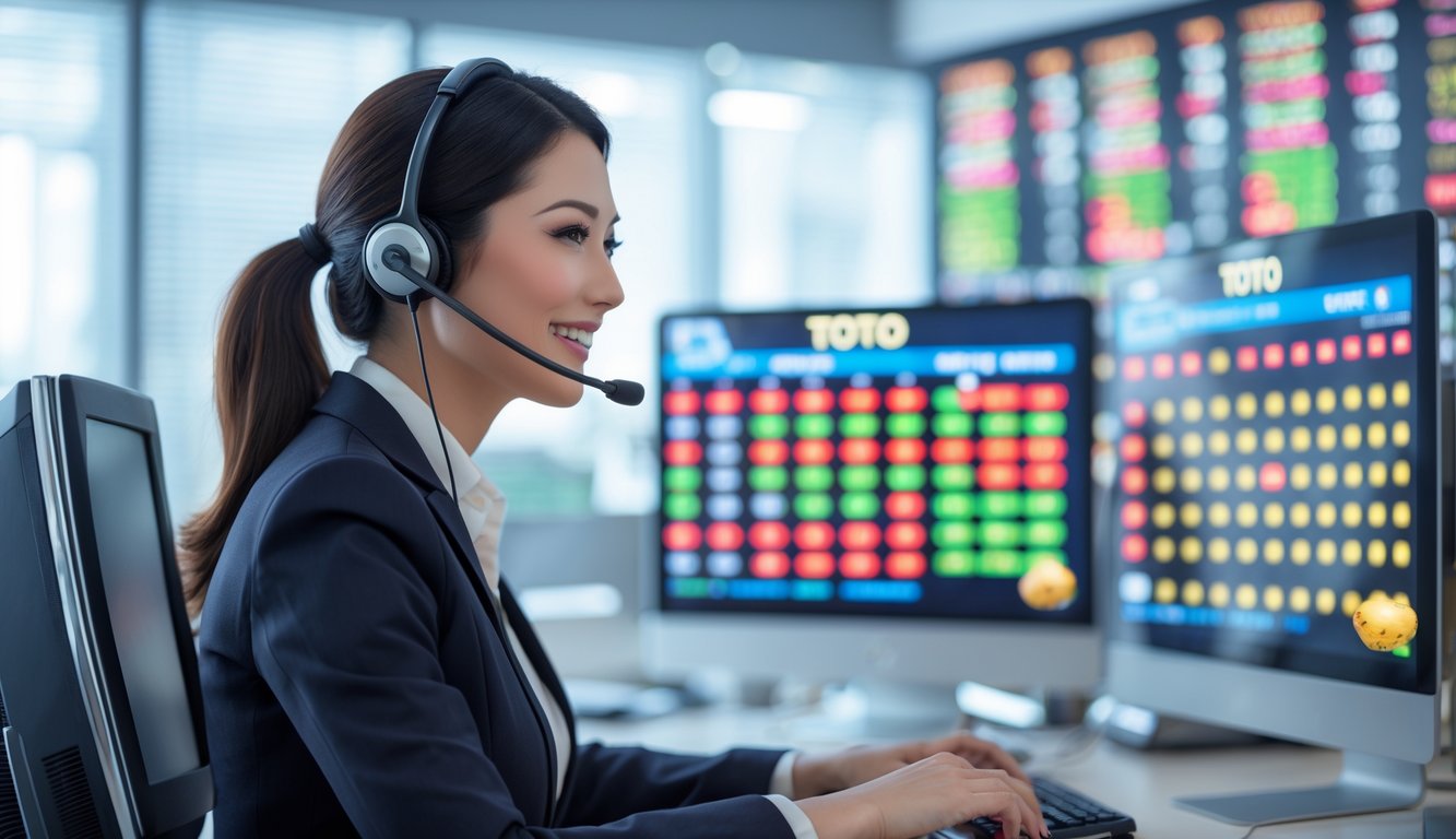 Seorang perwakilan layanan pelanggan profesional sedang bekerja di depan komputer dengan layar menampilkan angka lotere Toto dan grafik digital.