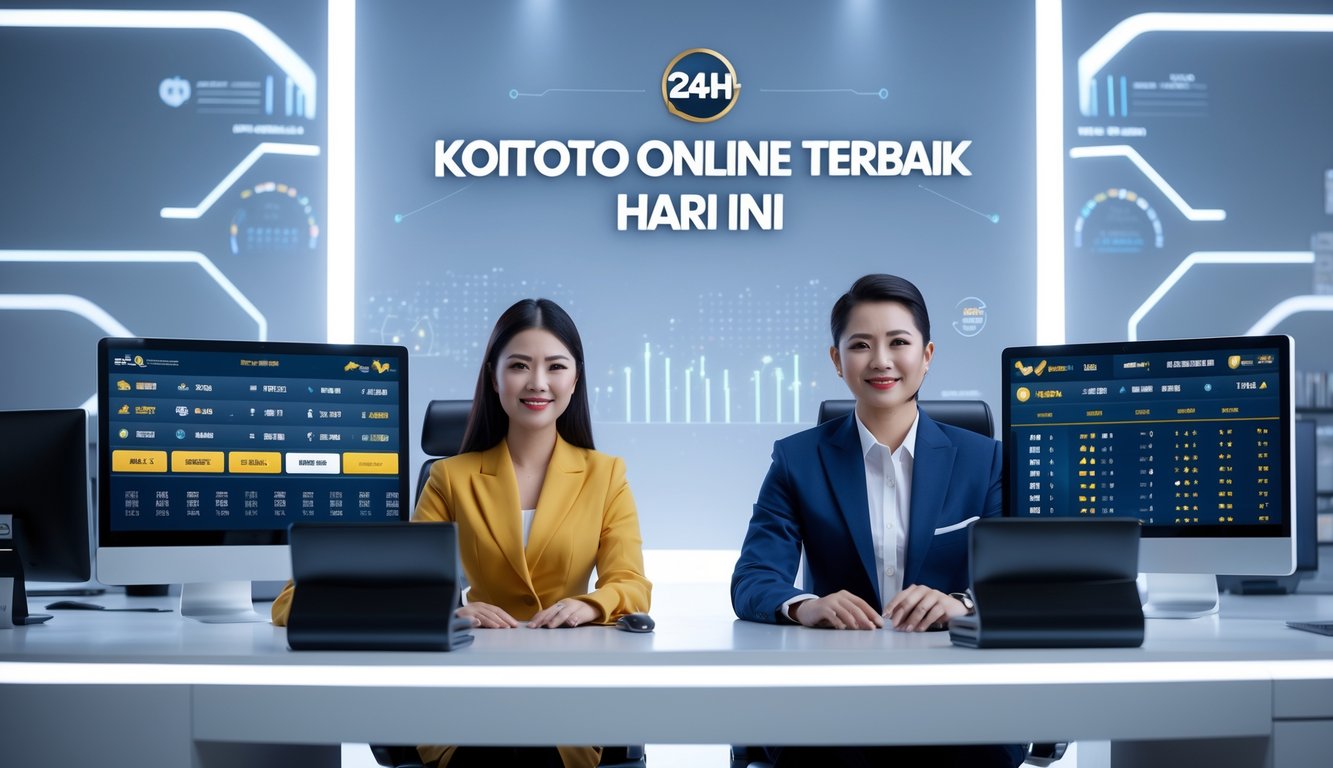 Seorang pria dan wanita Asia duduk di meja dengan beberapa layar komputer menampilkan antarmuka taruhan digital dalam suasana kantor modern.